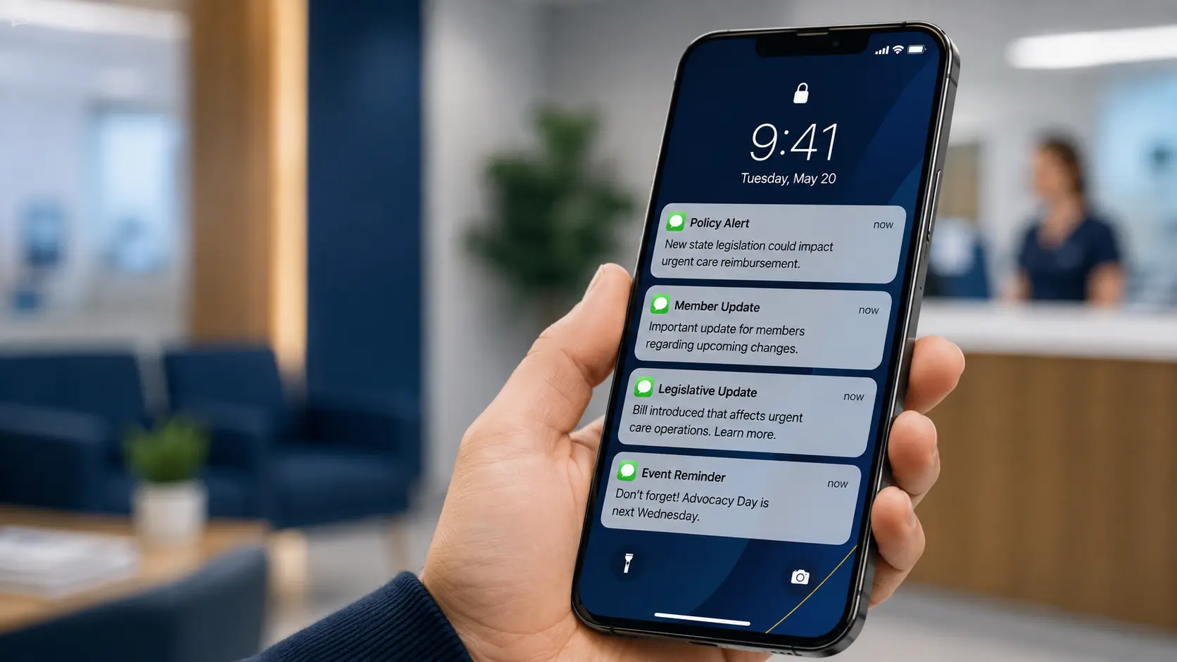 A phone on its lock screen showing four NERUCA text alerts: a policy alert about state legislation affecting urgent care reimbursement, a member update, a legislative update about a bill affecting urgent care operations, and a reminder that Advocacy Day is next Wednesday.